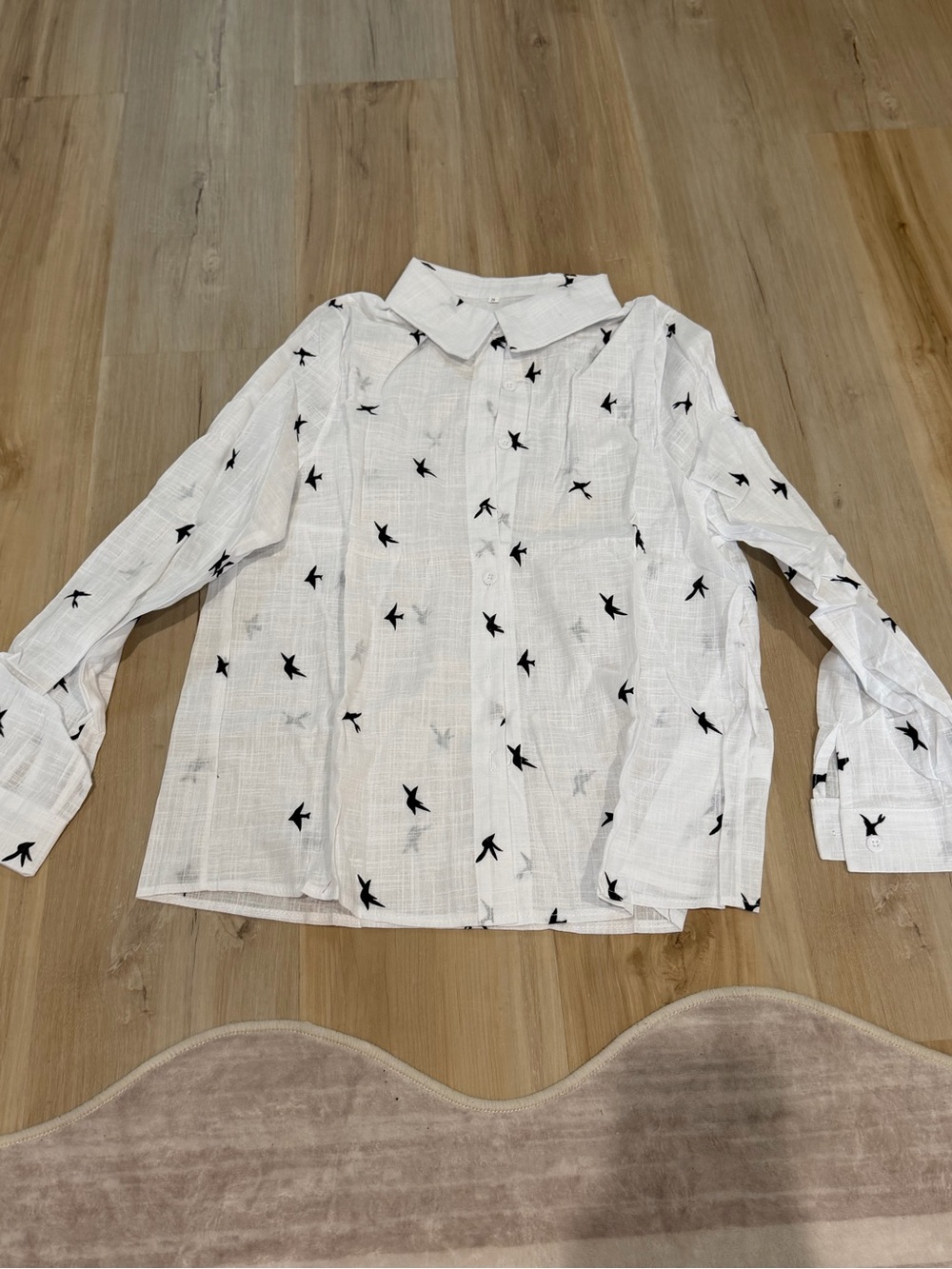 White Button-Up Blouse with Black Bird Print